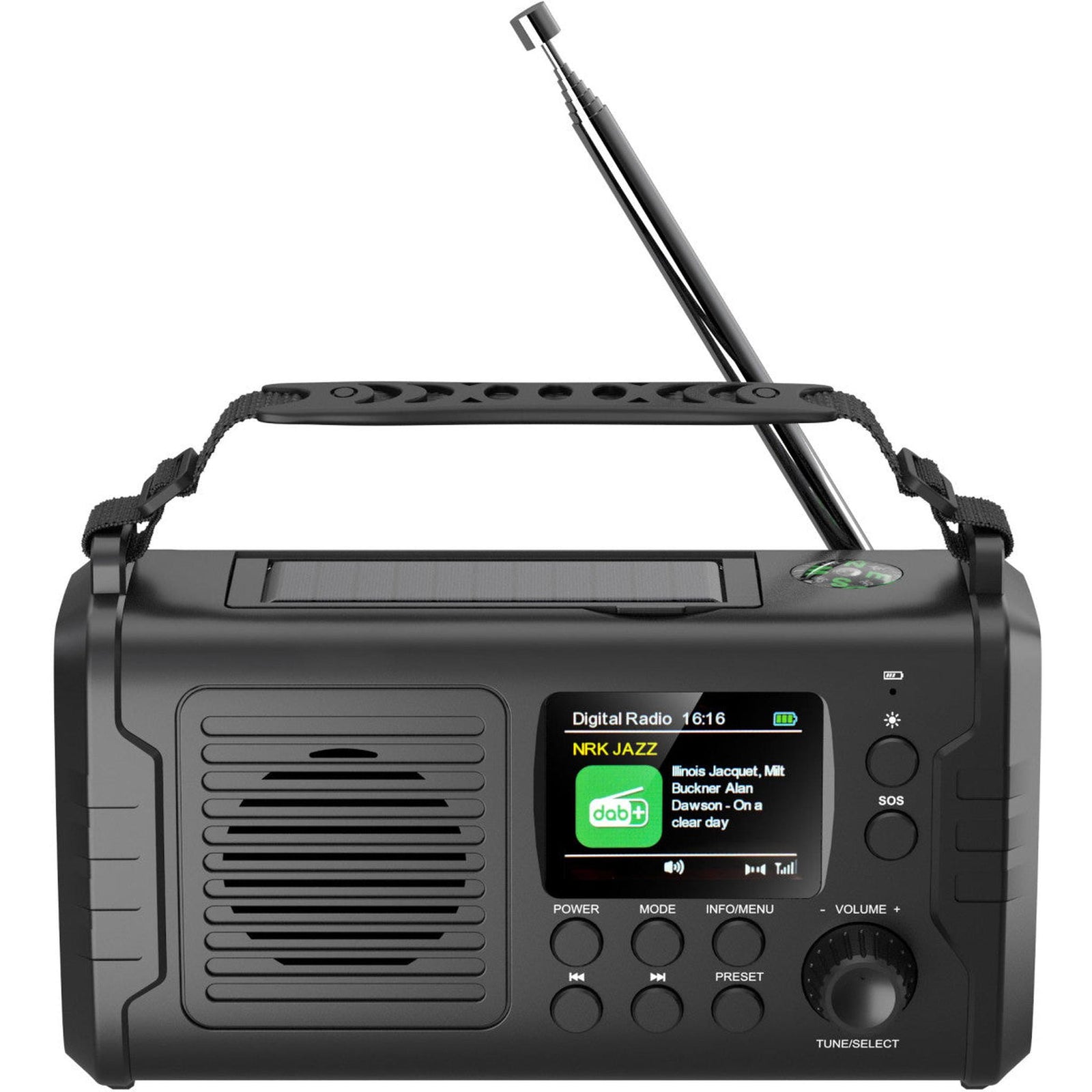 Nødradio DAB+/FM Bluetooth med sveiv og solcellepanel
