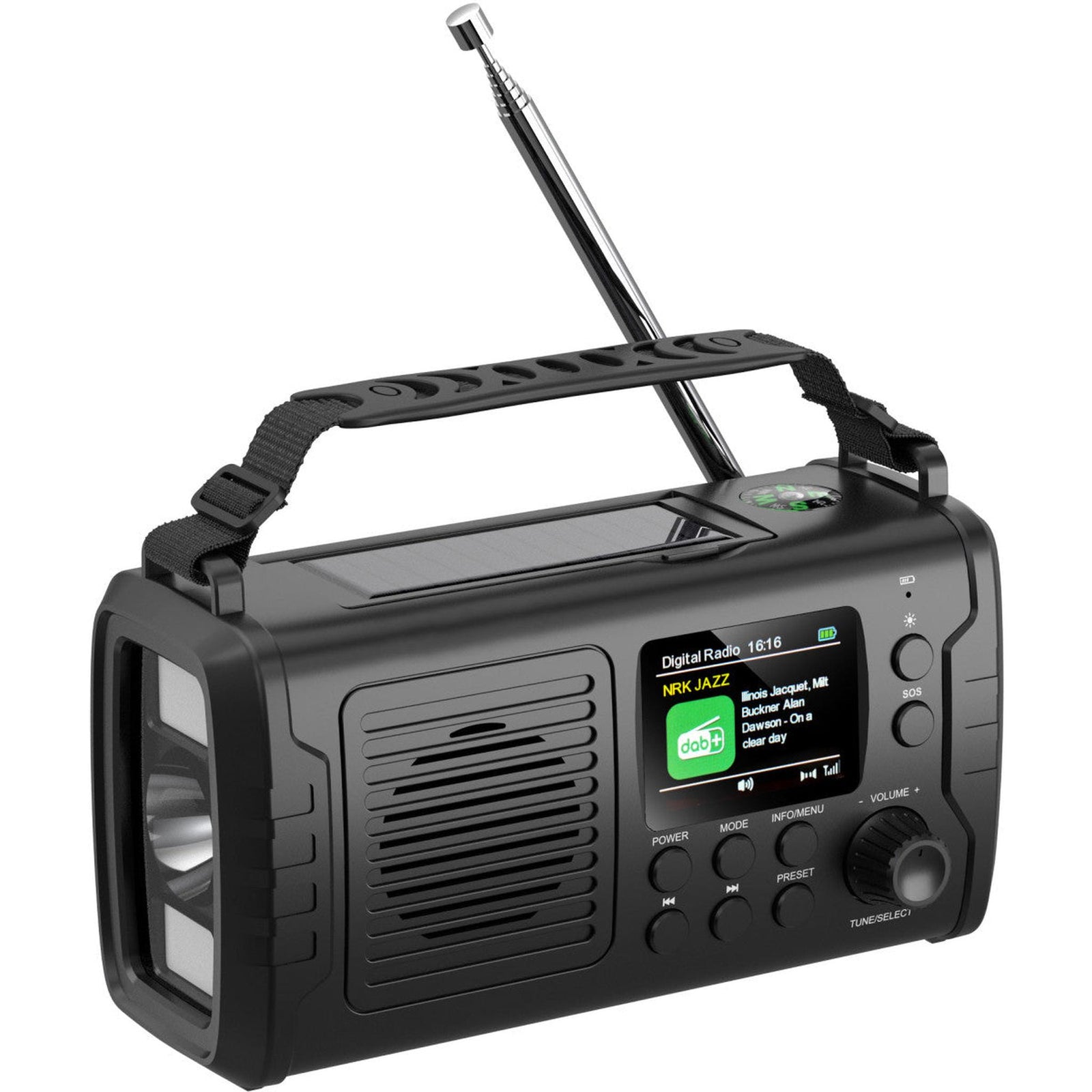 Nødradio DAB+/FM Bluetooth med sveiv og solcellepanel