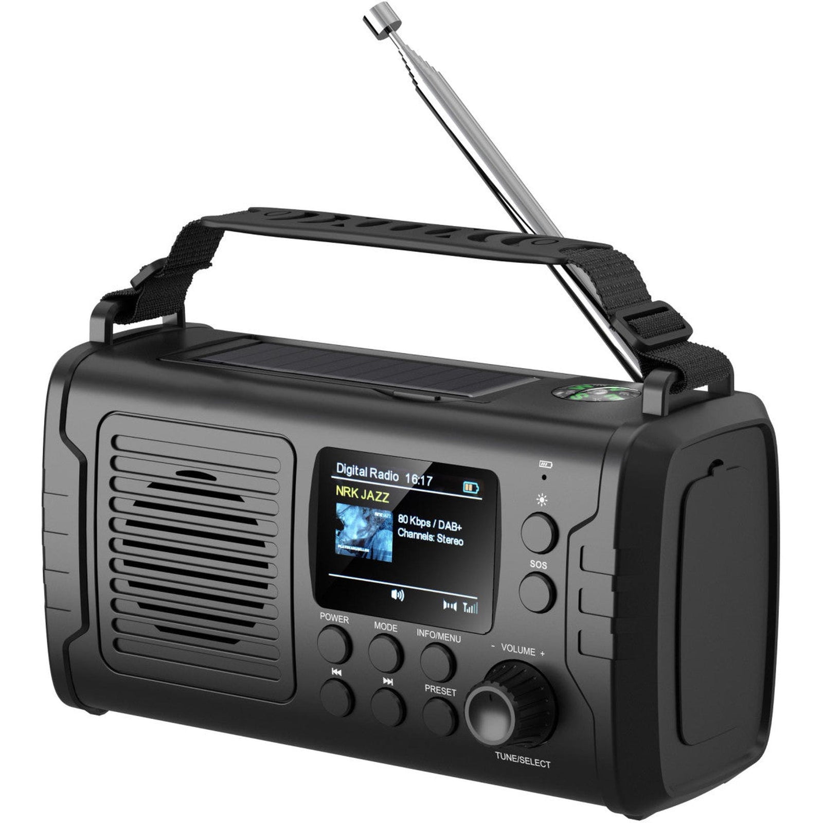 Nødradio DAB+/FM Bluetooth med sveiv og solcellepanel