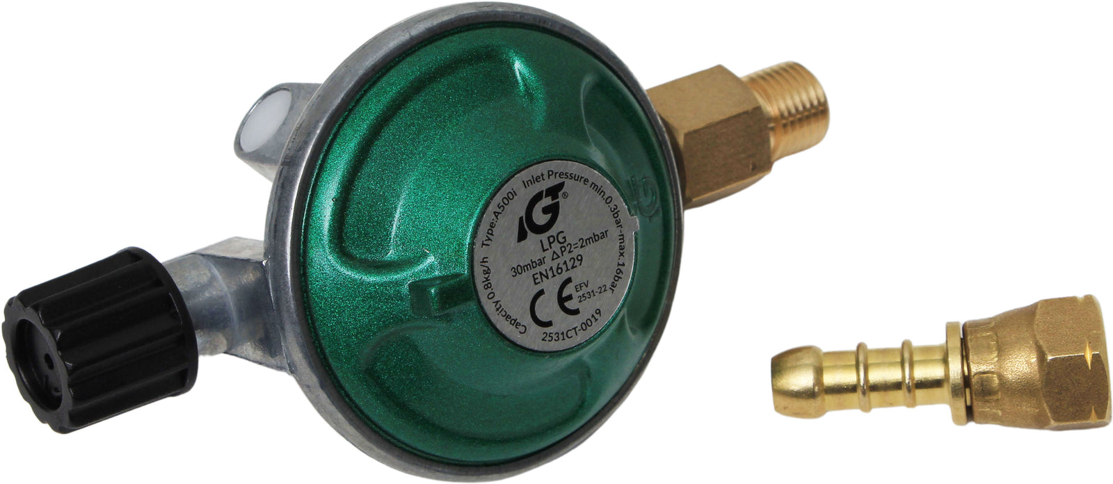 Gas regulator M16 w/threaded stud and hose connector