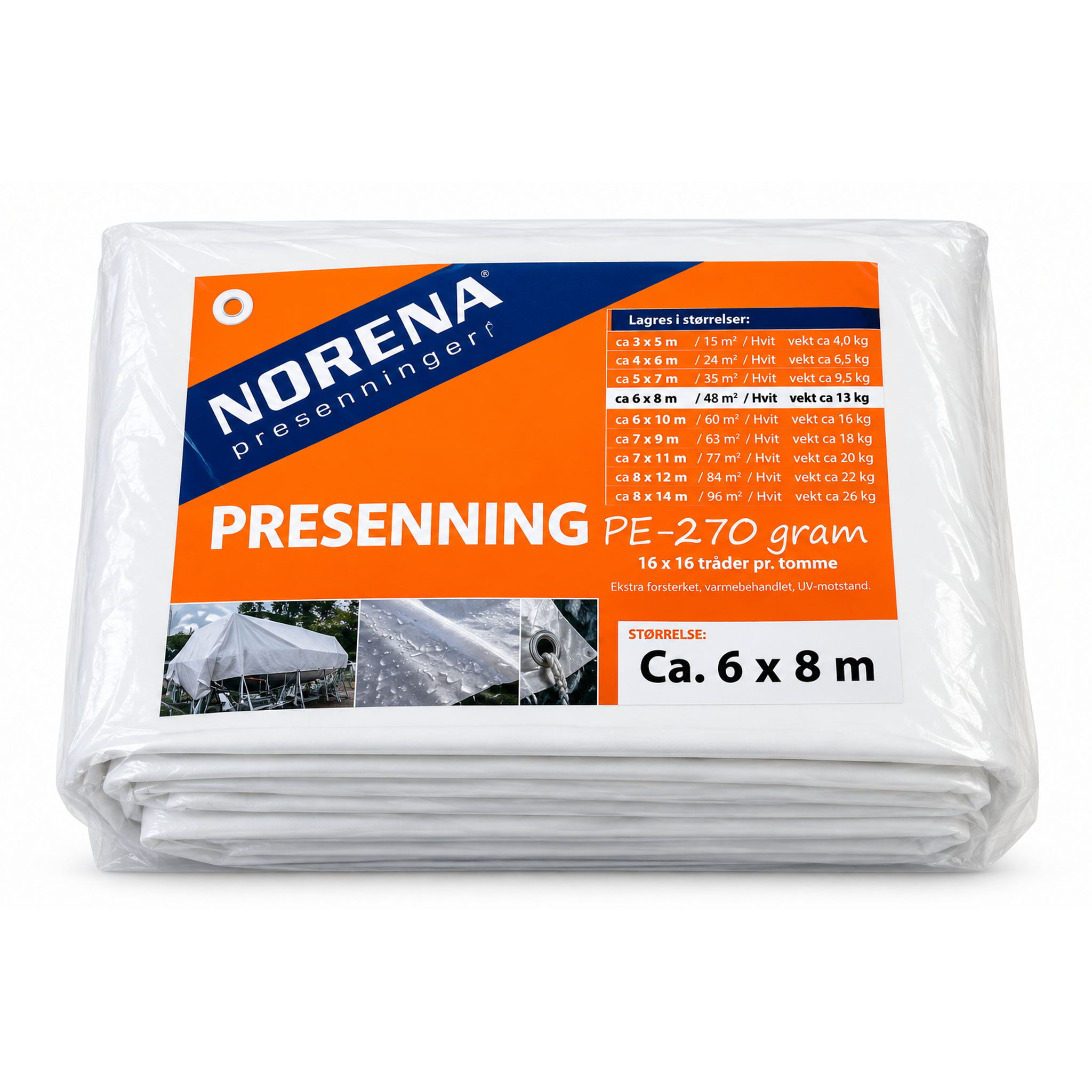 Norena PE-presenning 270 g, hvit, 6 x 8 m, kraftig og UV-behandlet duk for tildekking.