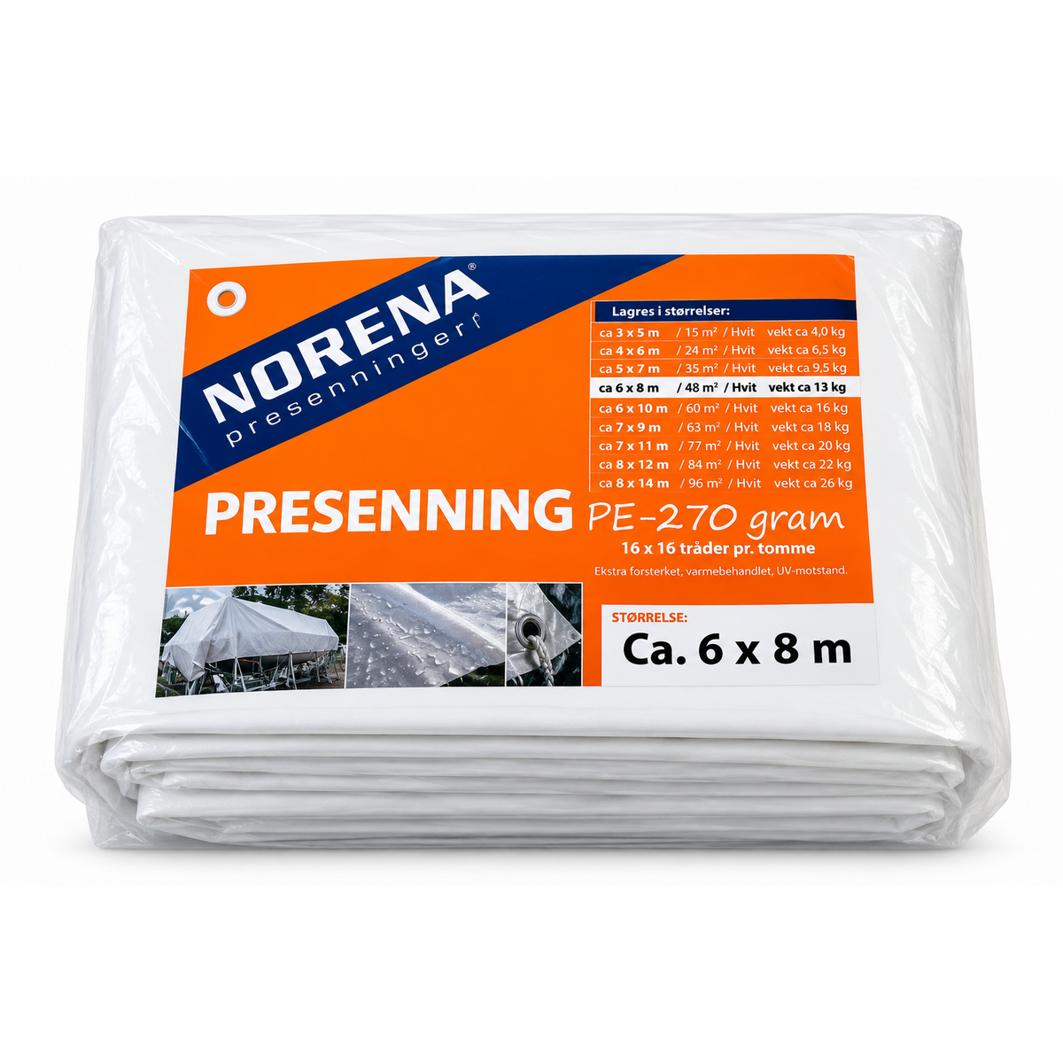 Norena PE-presenning 270 g, hvit, 6 x 8 m, kraftig og UV-behandlet duk for tildekking.